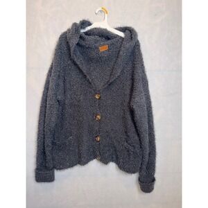 POL Clothing Fuzzy Knit Hooded Cardigan Sweater Gray Button Front Boho POL10 M